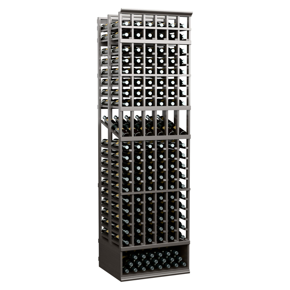 Black 6-column double-deep wine bottle display rack with multiple bottle rows
