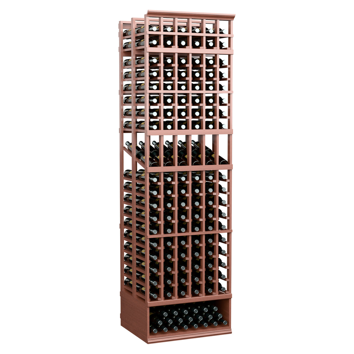 Red-brown 6-column double-deep wine bottle display rack with open front frame