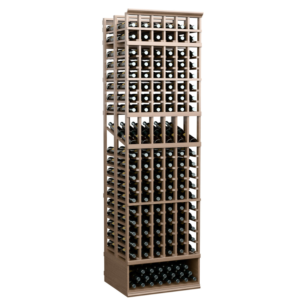 Medium-brown 6-column double-deep wine bottle display rack with multiple bottle grids