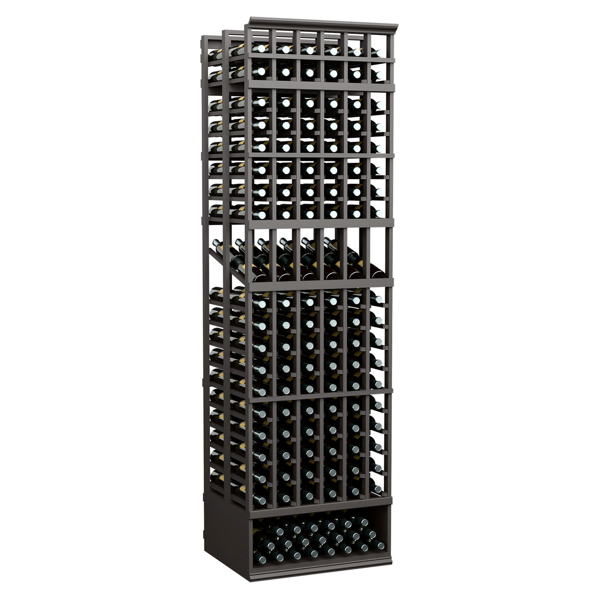 Black 6-column double-deep wine bottle display rack with bottle-lined front panel