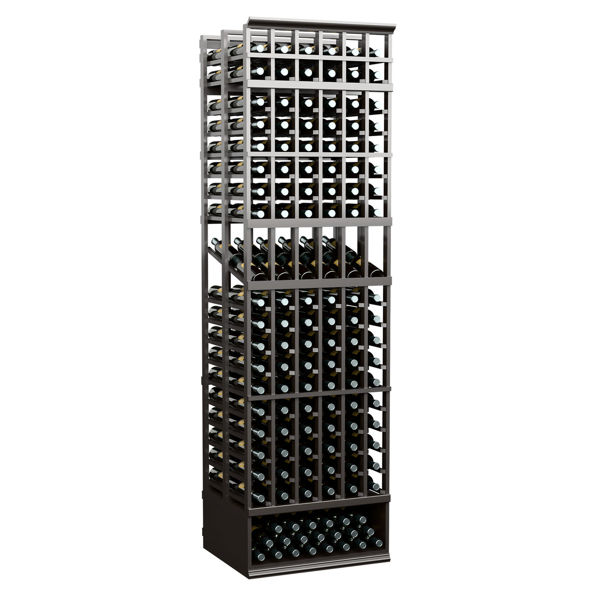 Black 6-column double-deep wine bottle display rack with tall slotted bottle frame
