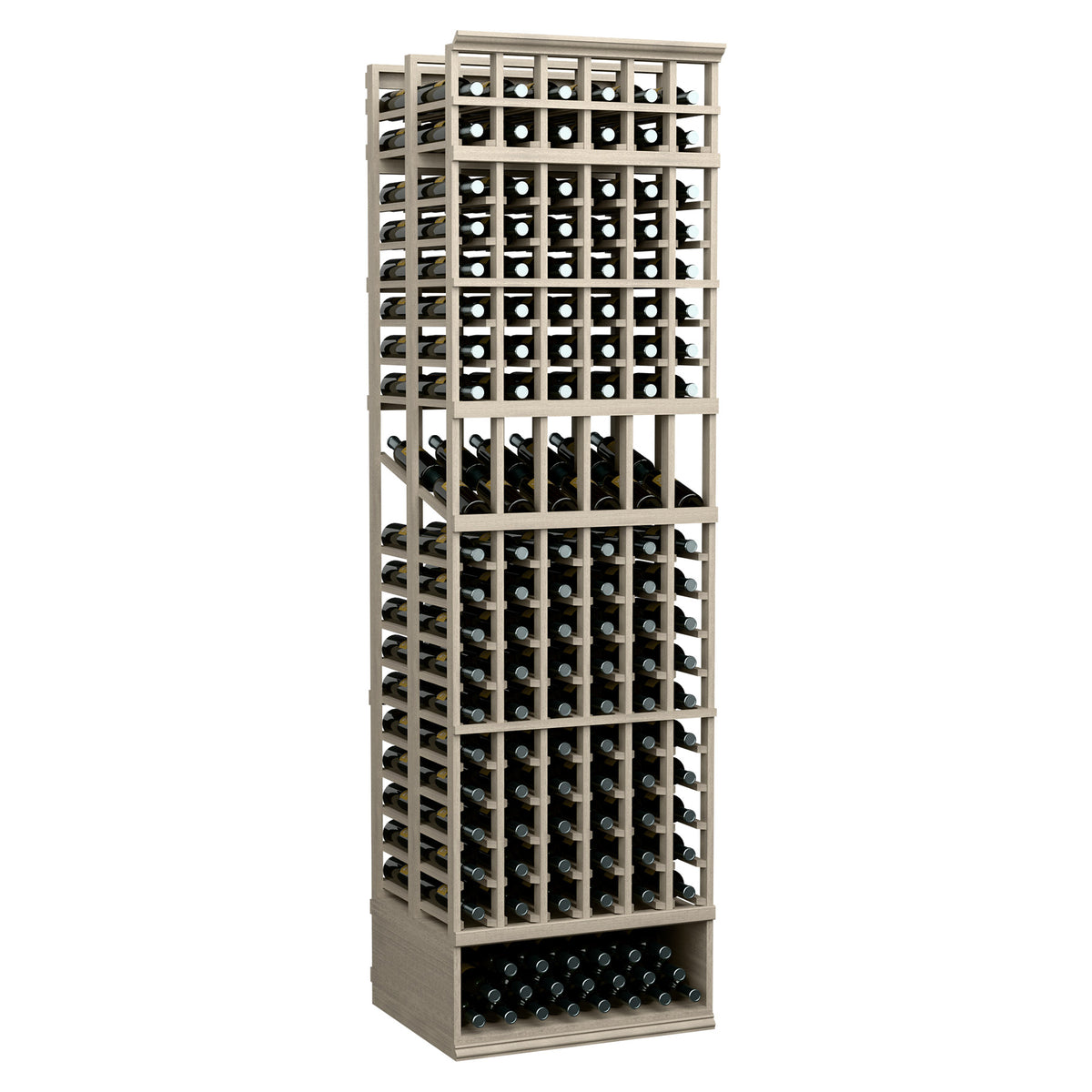 Wood wine bottle display rack with grid slots, 6-column double-deep design