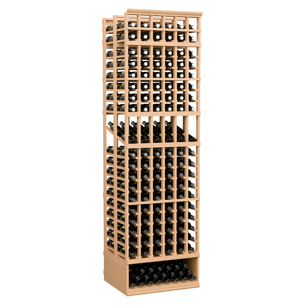 Light wood wine bottle display rack with grid slots, 6-column double-deep