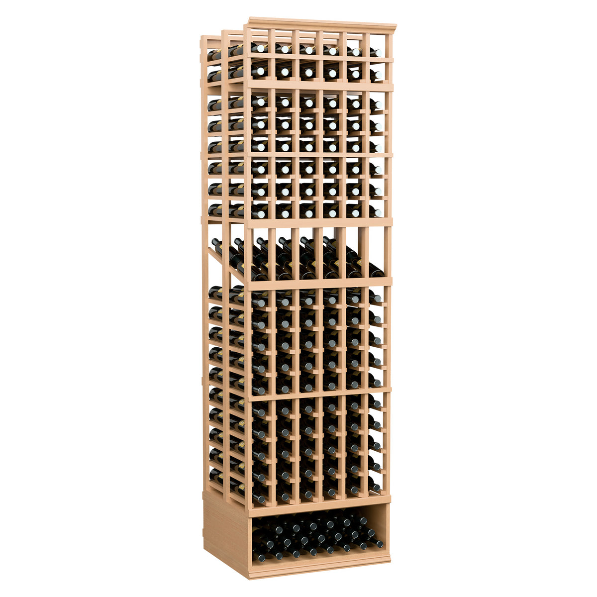 Light wood wine bottle display rack, multiple bottle openings, 6-column double-deep