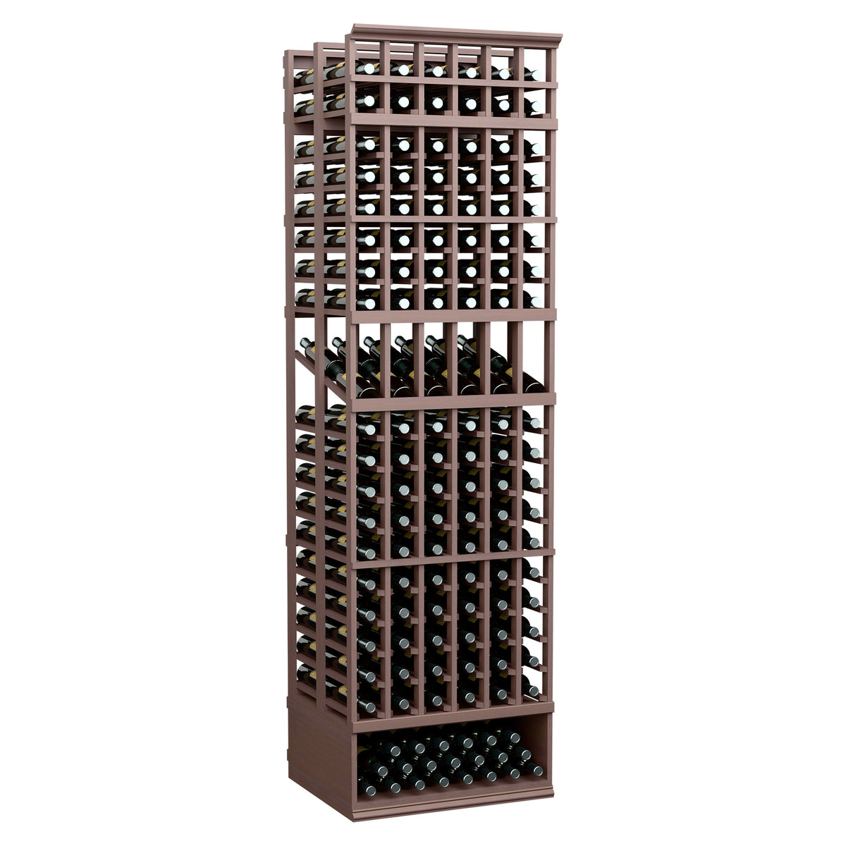 Dark wood wine bottle display rack with grid slots, 6-column double-deep design
