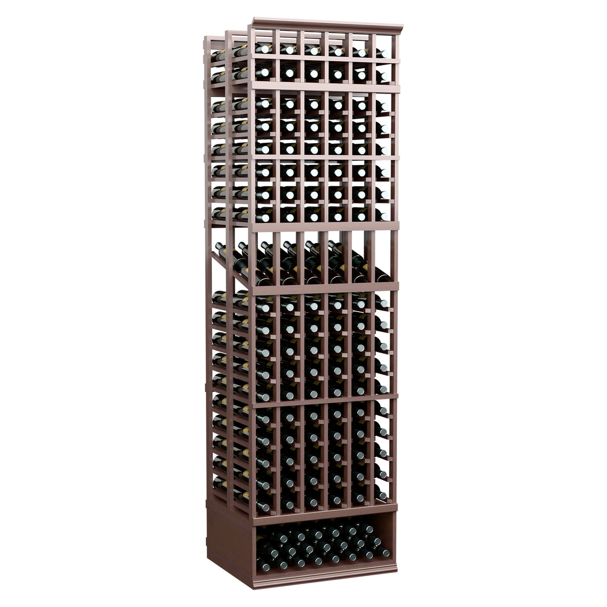 Dark wood wine bottle display rack with many bottle positions, 6-column double-deep