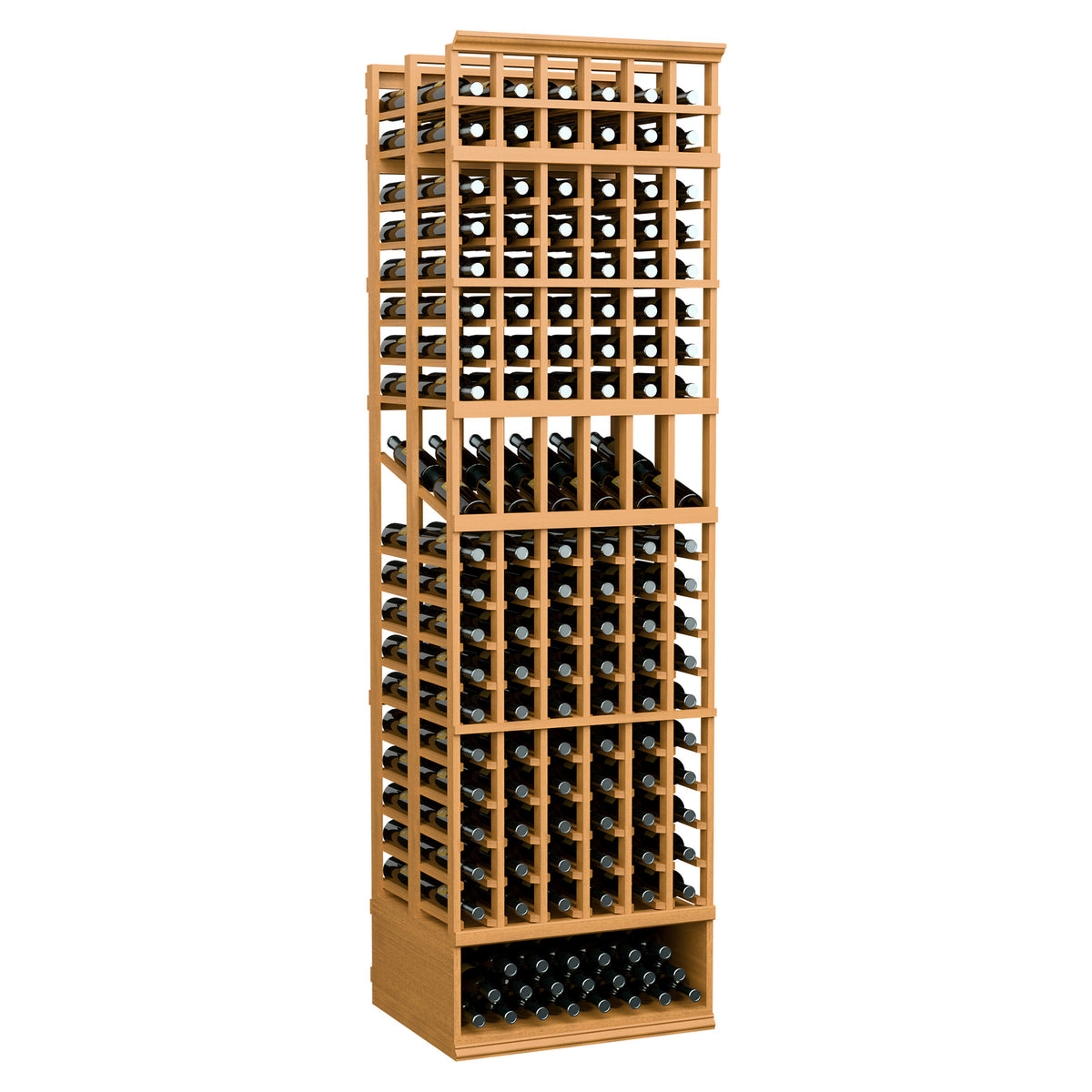 Natural-toned wood wine bottle display rack with grid slots, 6-column double-deep