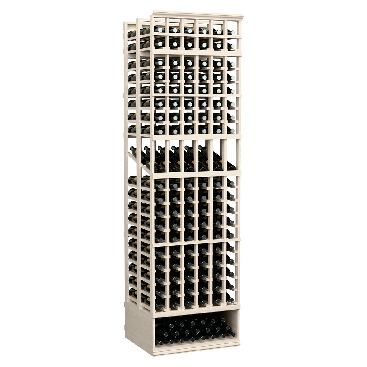 Light wood wine bottle display rack with grid slots, 6-column double-deep design