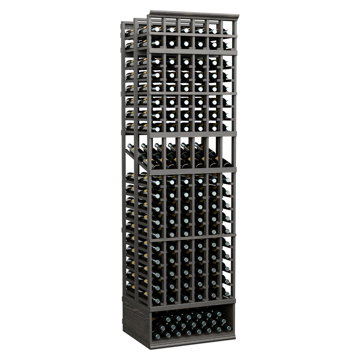 6-column double-deep display wine rack, black frame with bottle slots and metal dividers