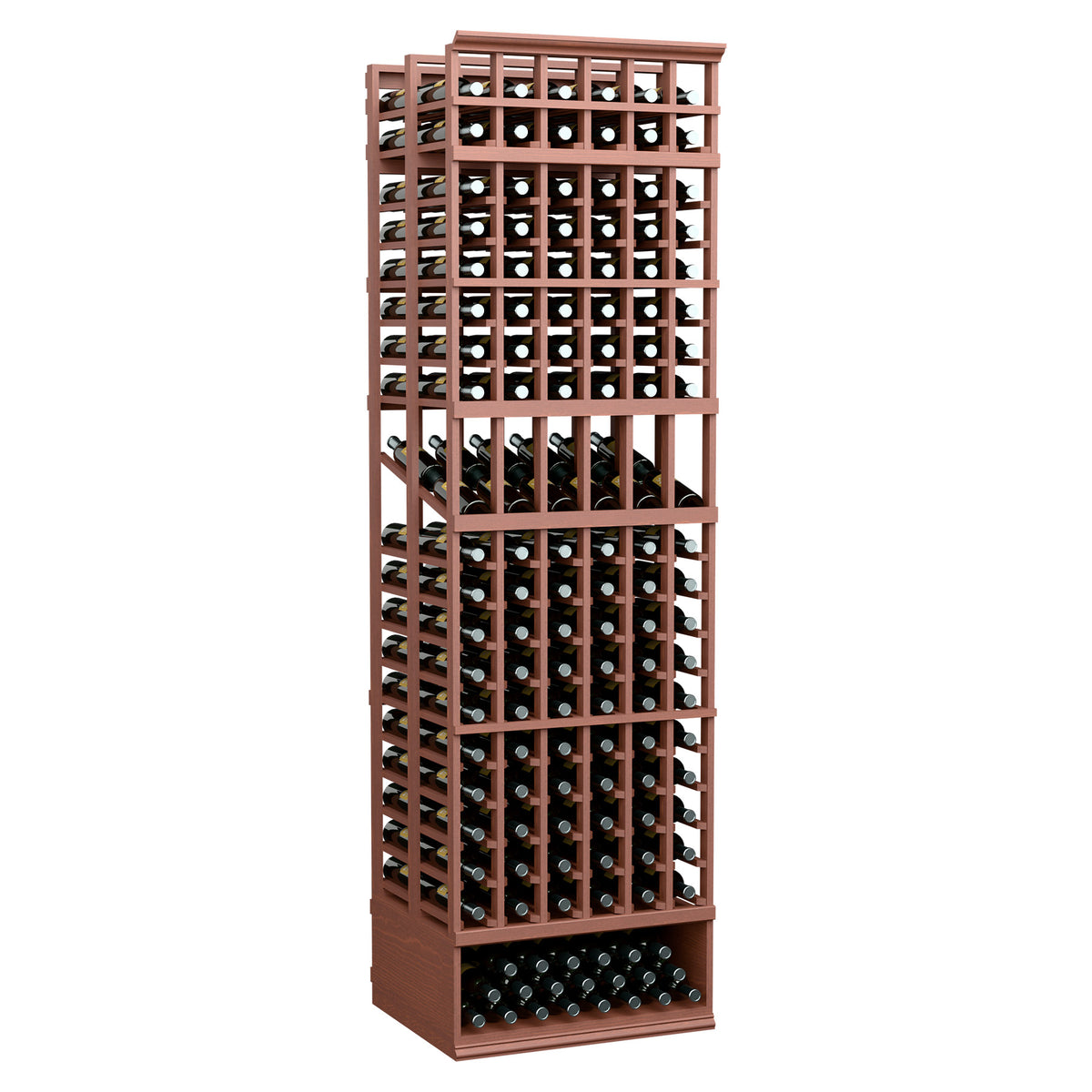 6-column double-deep display wine rack, reddish-brown frame with bottle slots