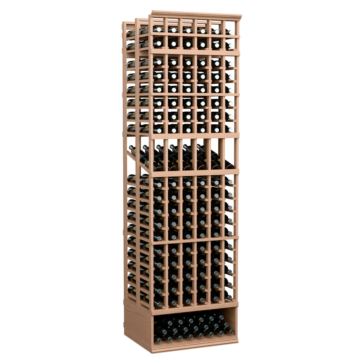 6-column double-deep display wine rack, light natural wood frame with bottle slots