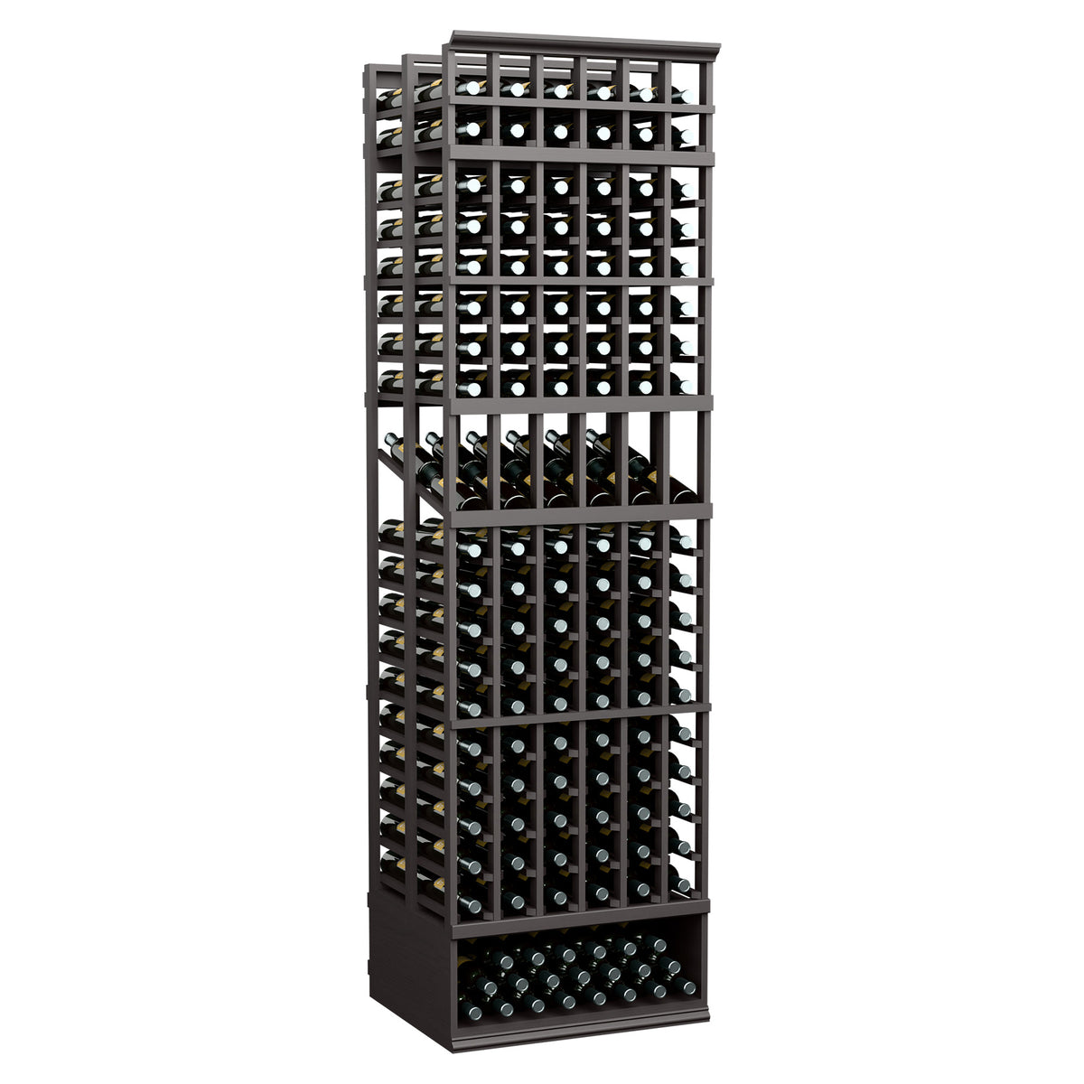 6-column double-deep display wine rack, dark frame with rows of bottle openings