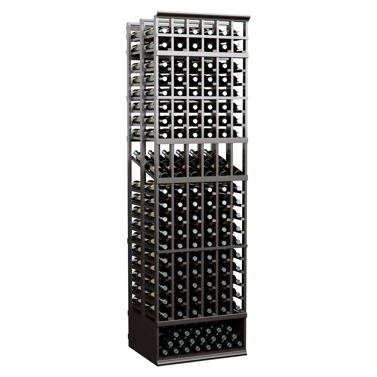 6-column double-deep display wine rack, black frame with bottom bottle row and bottle slots