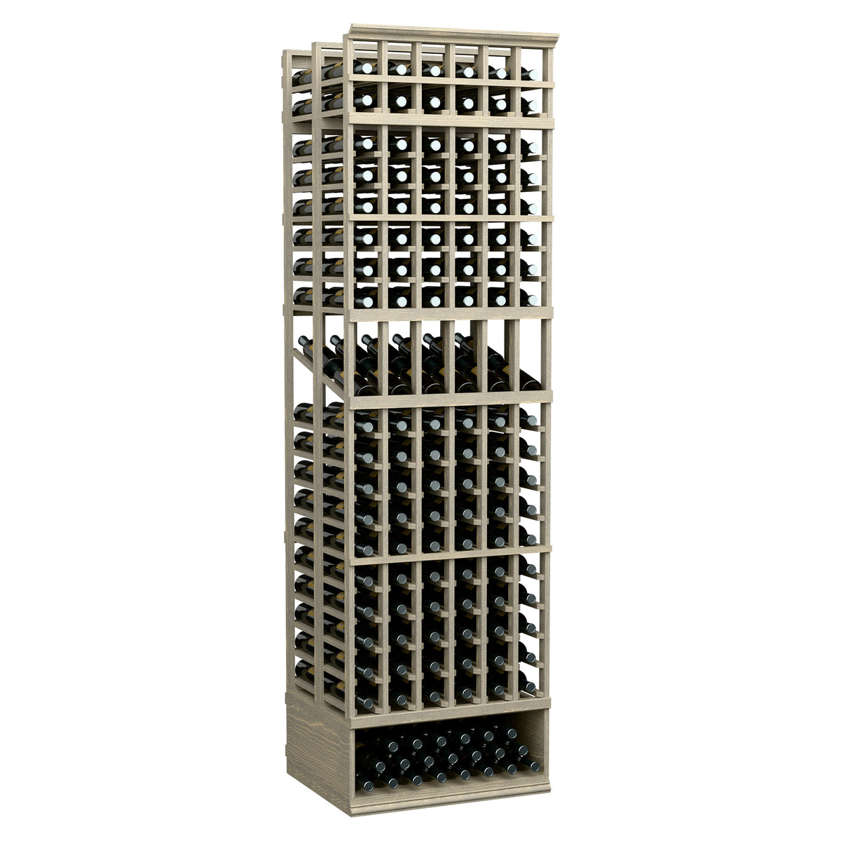 6-column double-deep wine bottle display rack with white frame and dark dividers