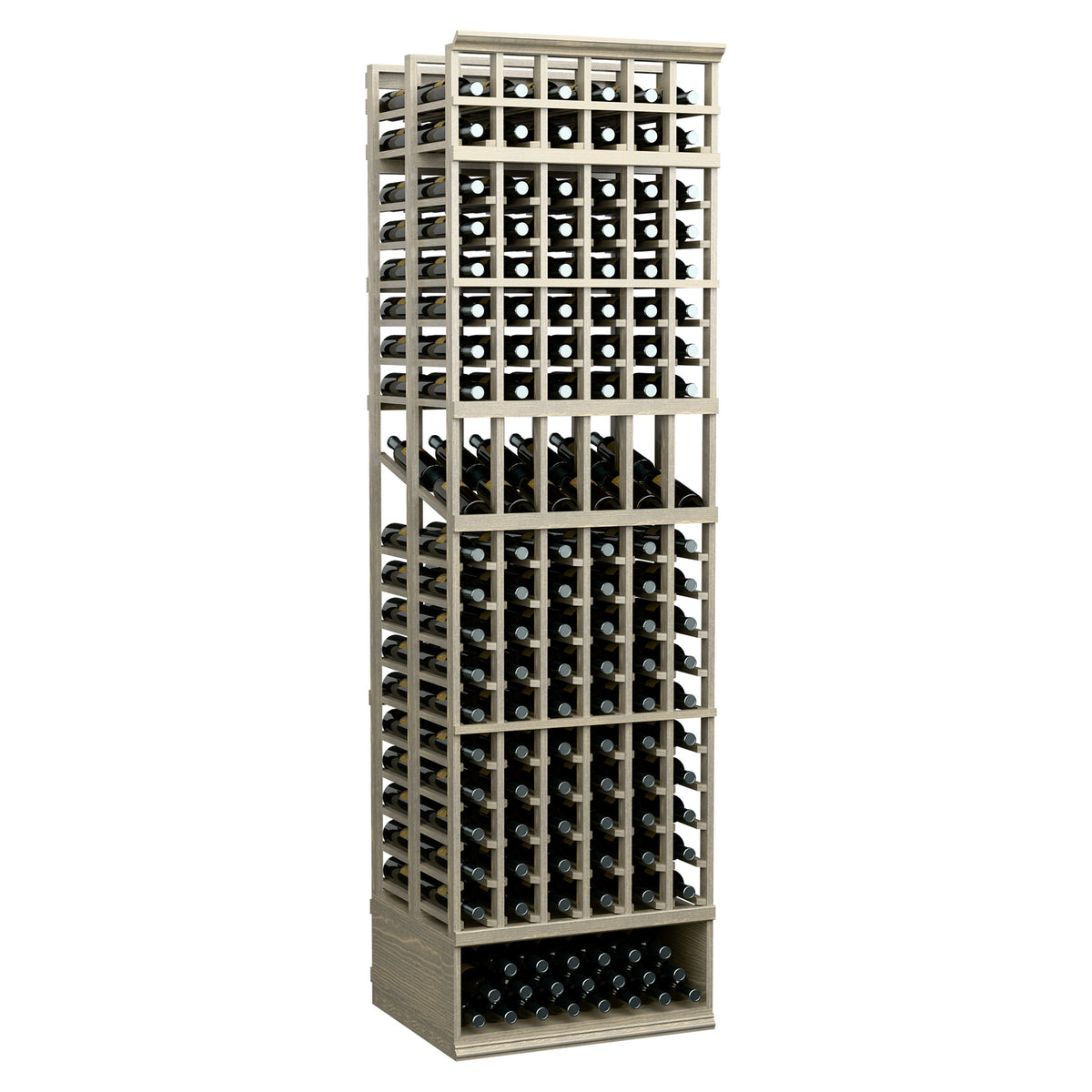6-column double-deep wine bottle display rack with white frame and bottle-holder grid