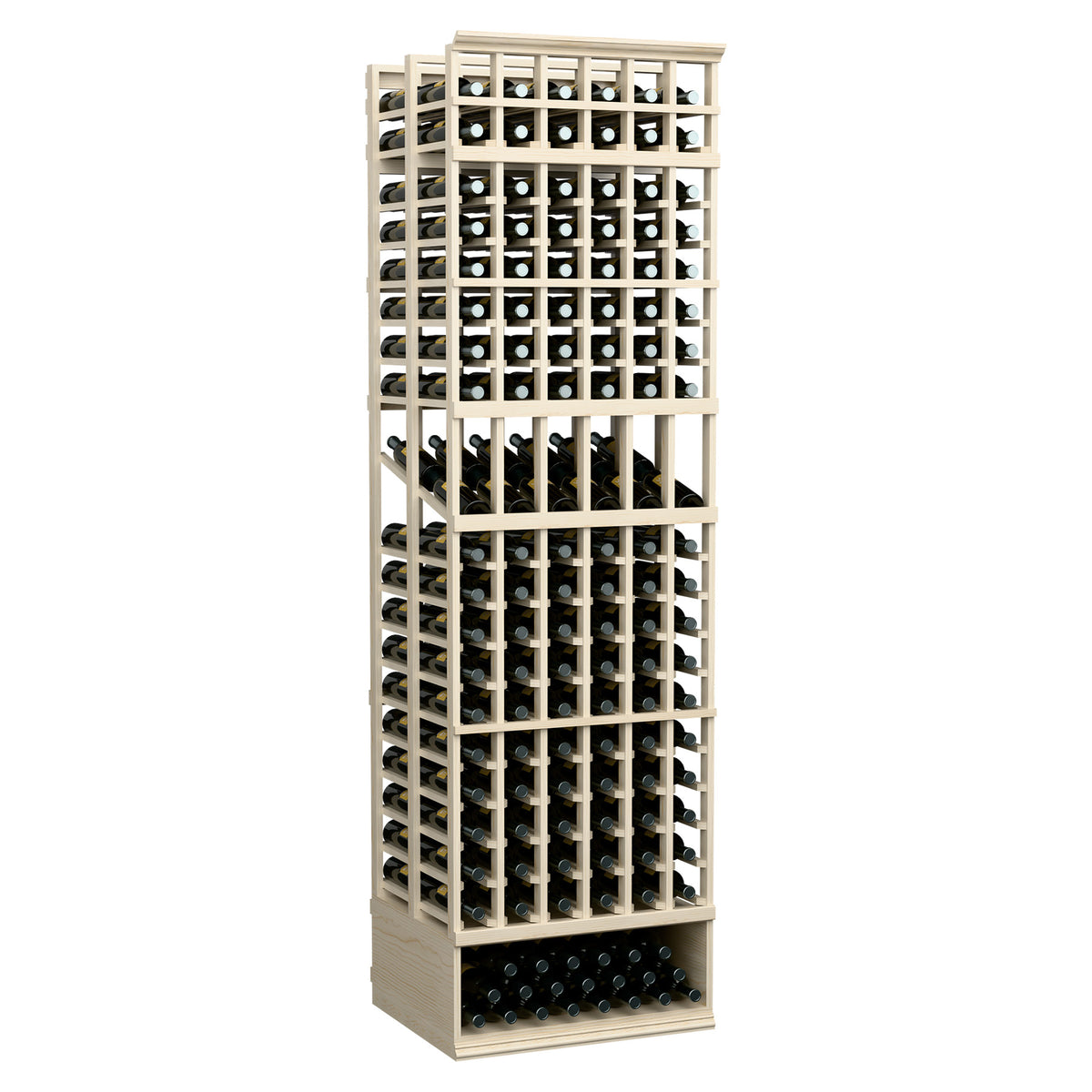 6-column double-deep wine bottle display rack with white frame and stacked wine slots