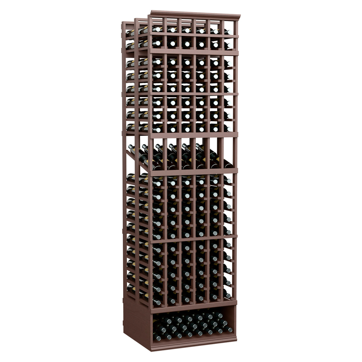 6-column double-deep wine bottle display rack with dark brown frame and bottle-holder grid