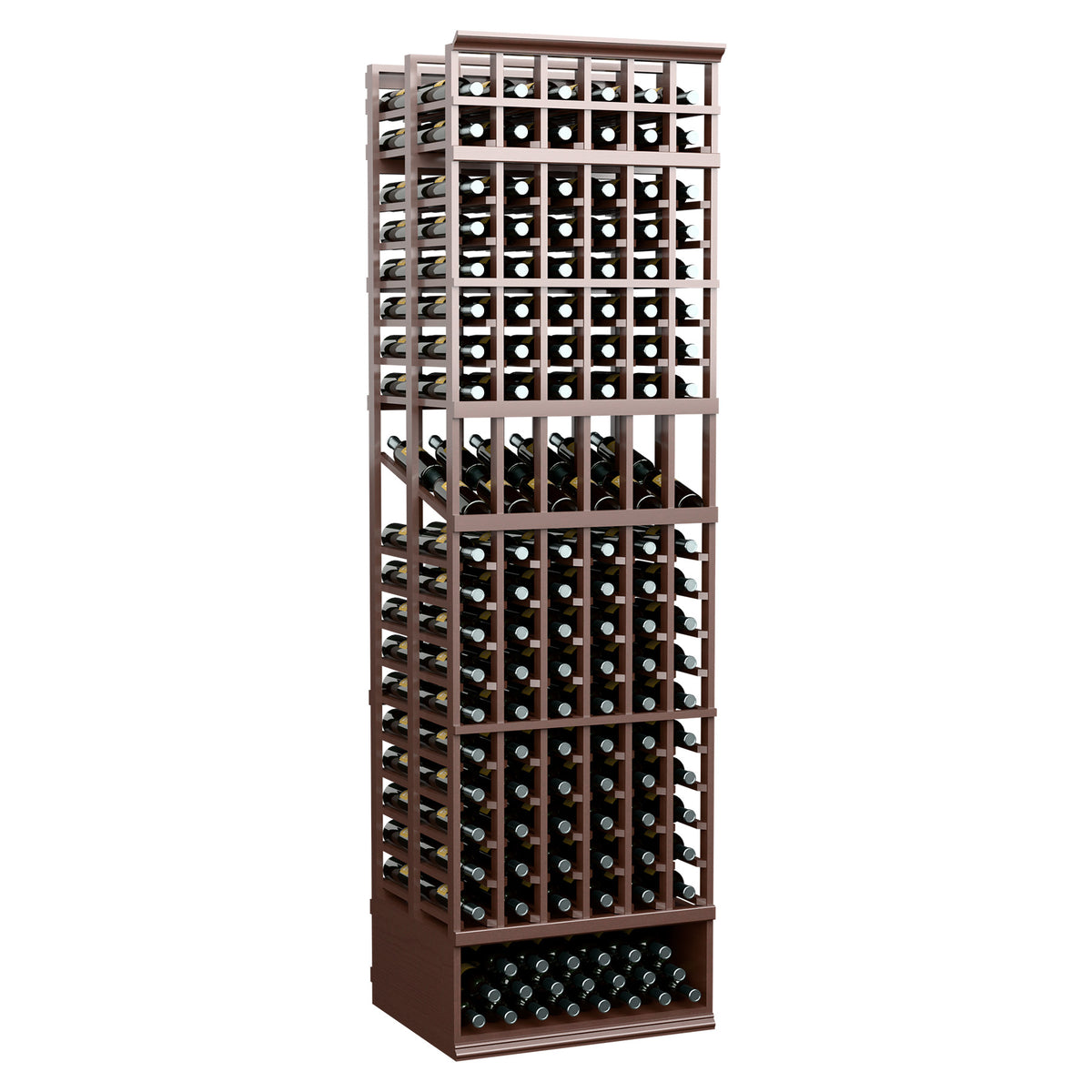 6-column double-deep wine bottle display rack with dark brown frame and black wine cubbies
