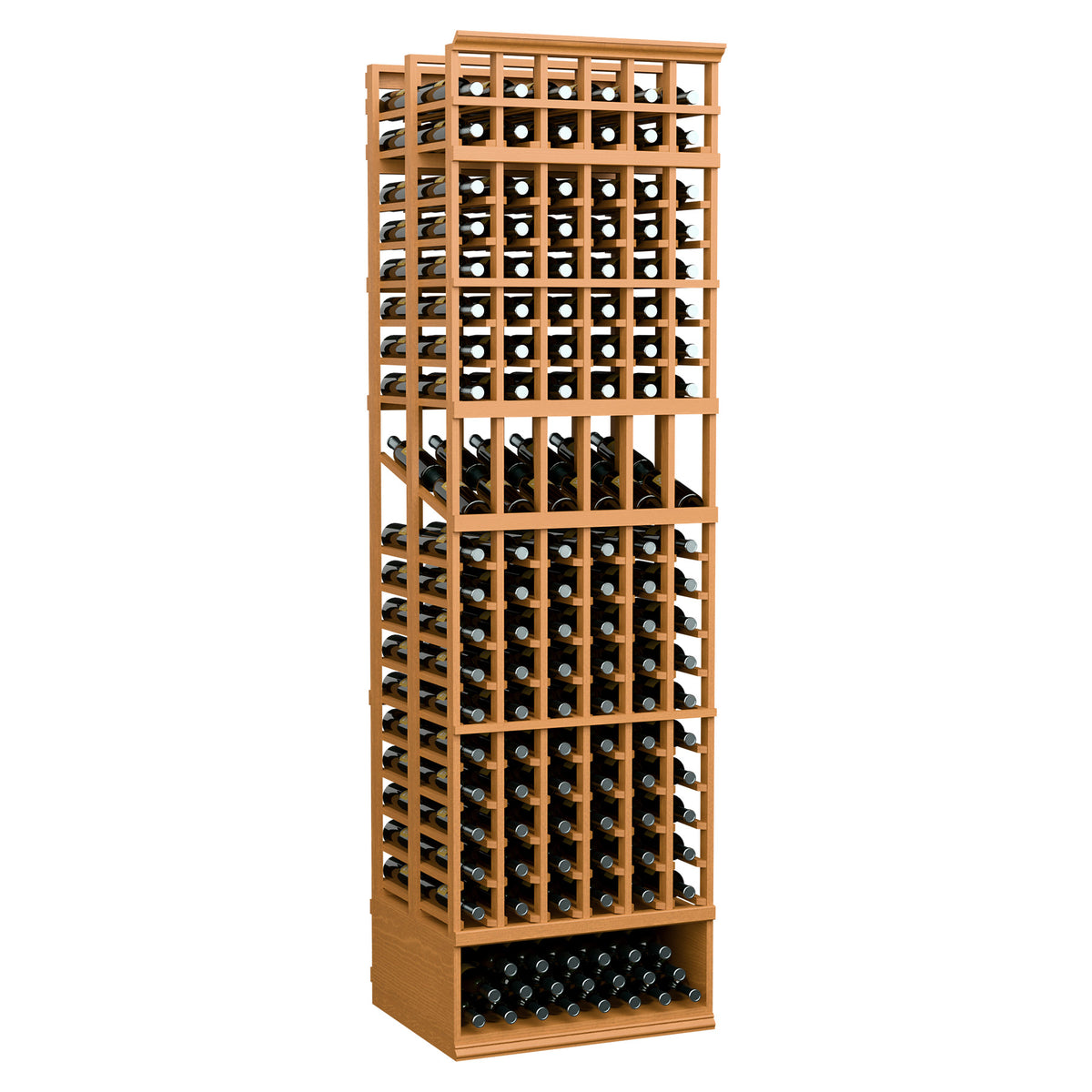6-column double-deep wine bottle display rack with natural wood frame and bottle-holder grid