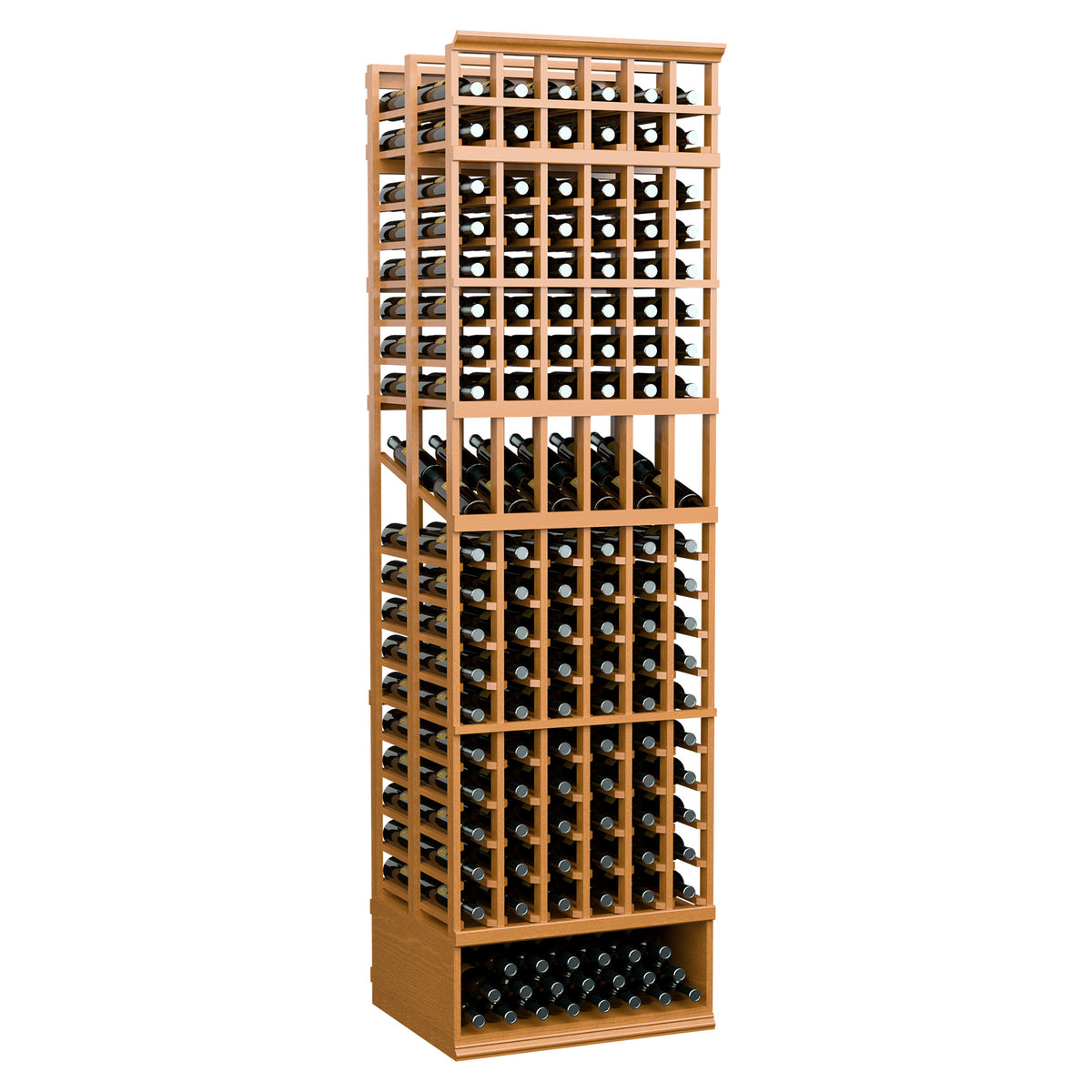 6-column double-deep wine bottle display rack with natural wood frame and stacked wine slots