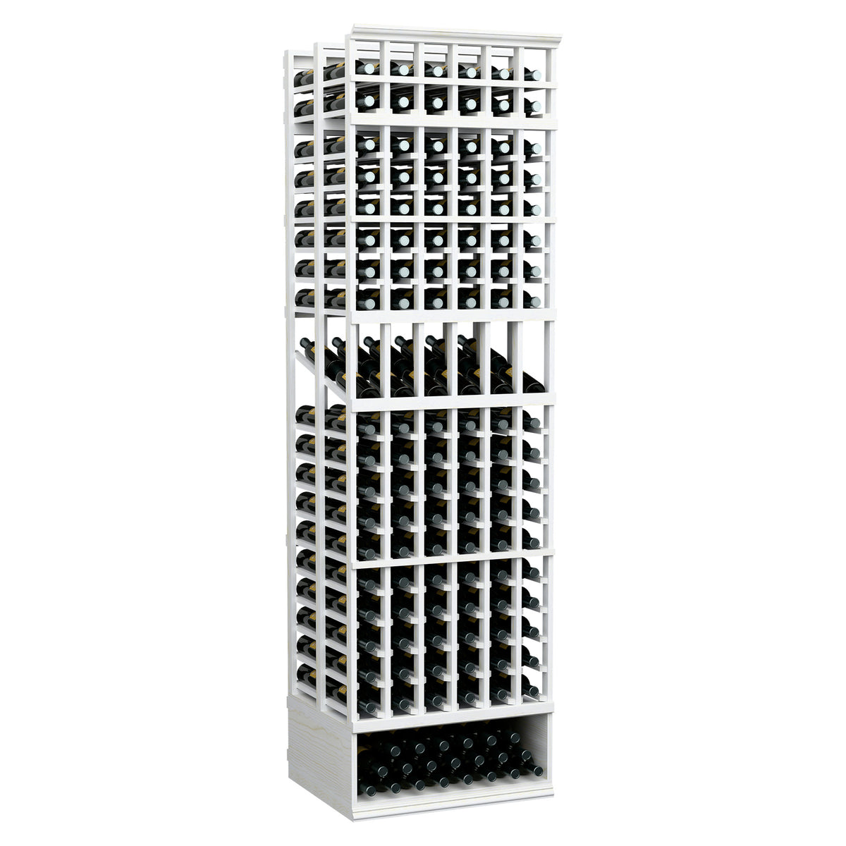 6-column double-deep wine bottle display rack with white frame and black bottle compartments