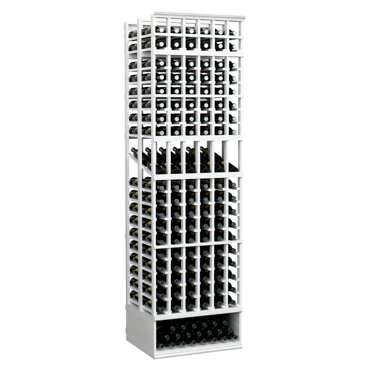 6-column double-deep wine bottle display rack with white frame and front bottle-holder grid