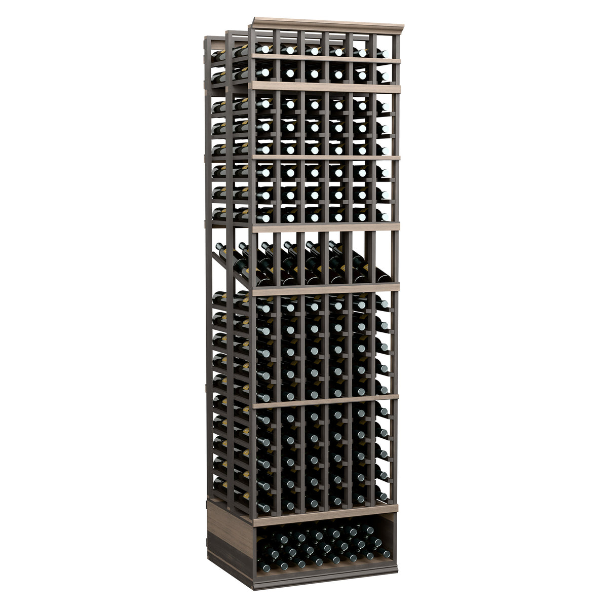 6 column double-deep wine bottle display rack with black metal frame and gray wood base