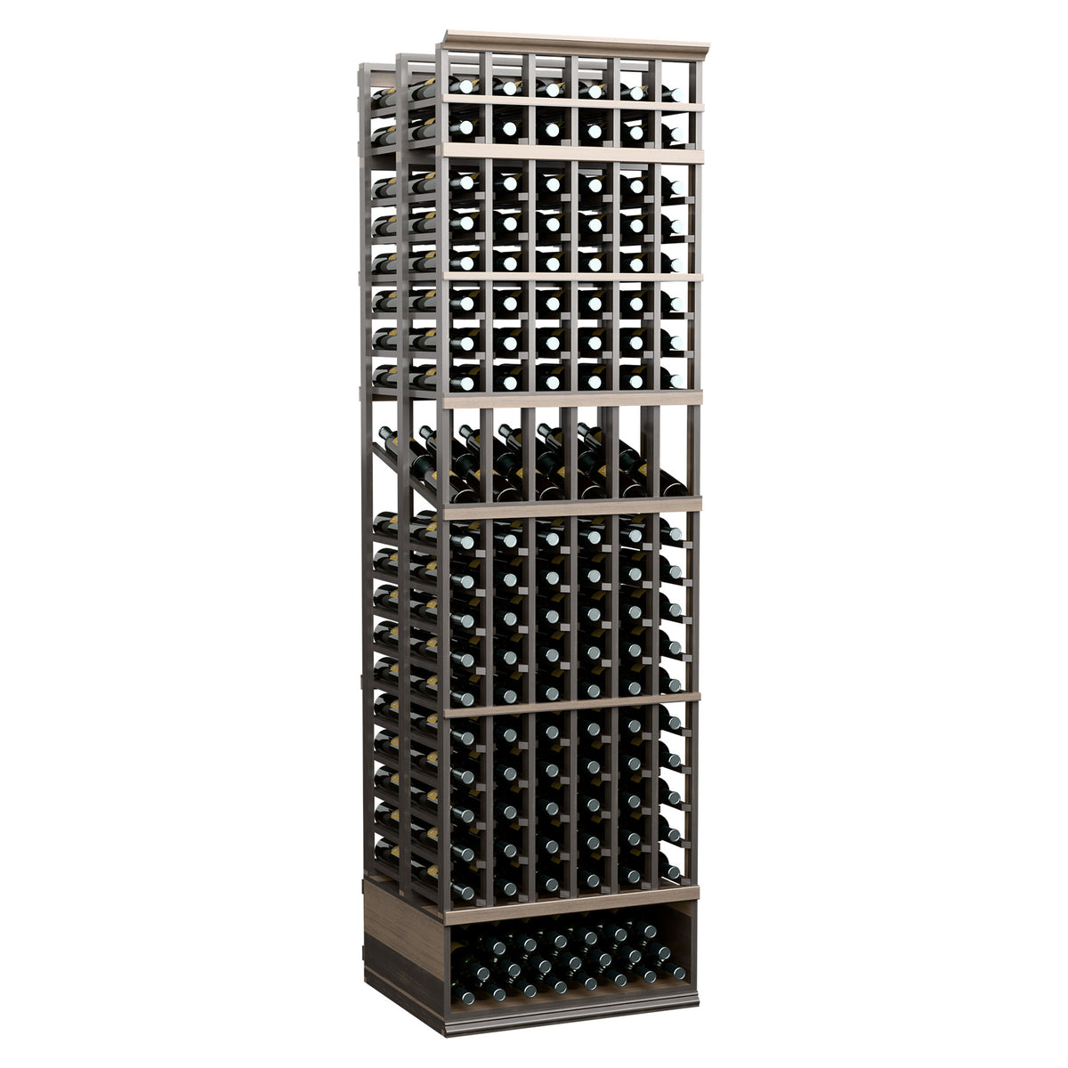 6 column double-deep wine bottle display rack with black metal frame and light wood base