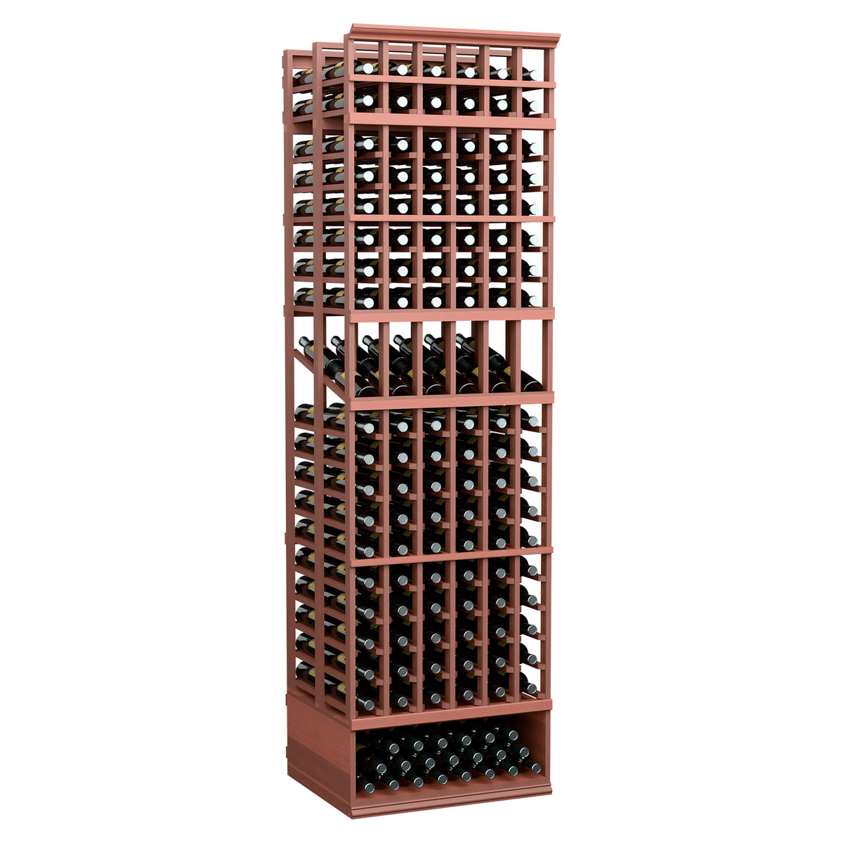 6 column double-deep wine bottle display rack with red-brown wood frame and black grid