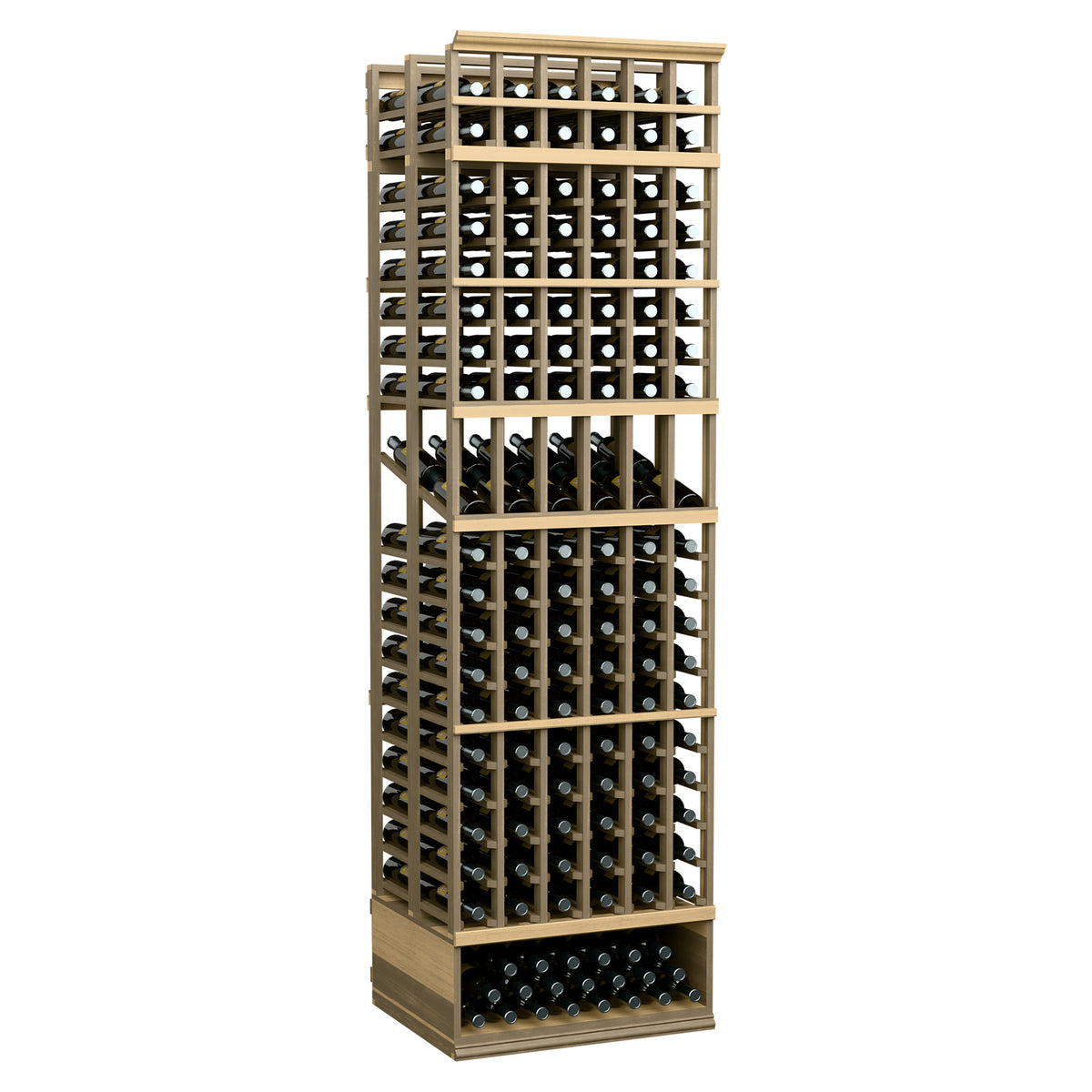 6 column double-deep wine bottle display rack with pale wood frame and black metal grid