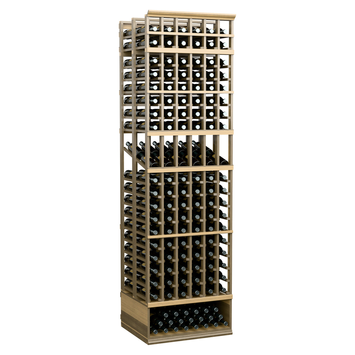 6 column double-deep wine bottle display rack with natural wood frame and black metal grid