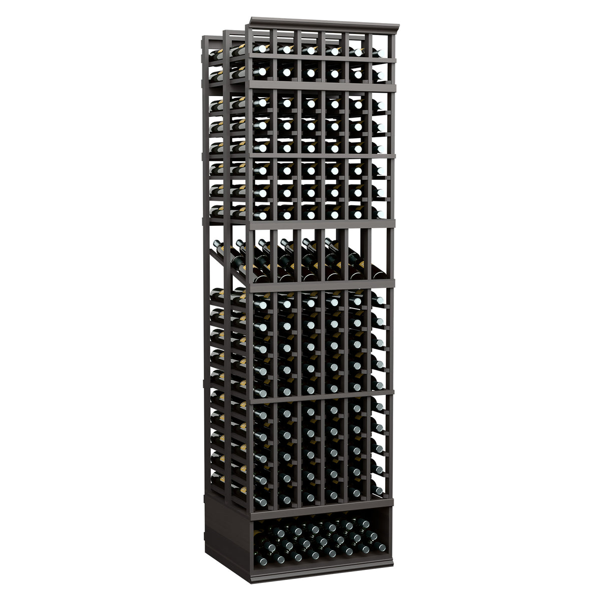 6 column double-deep wine bottle display rack with dark wood base and black metal frame
