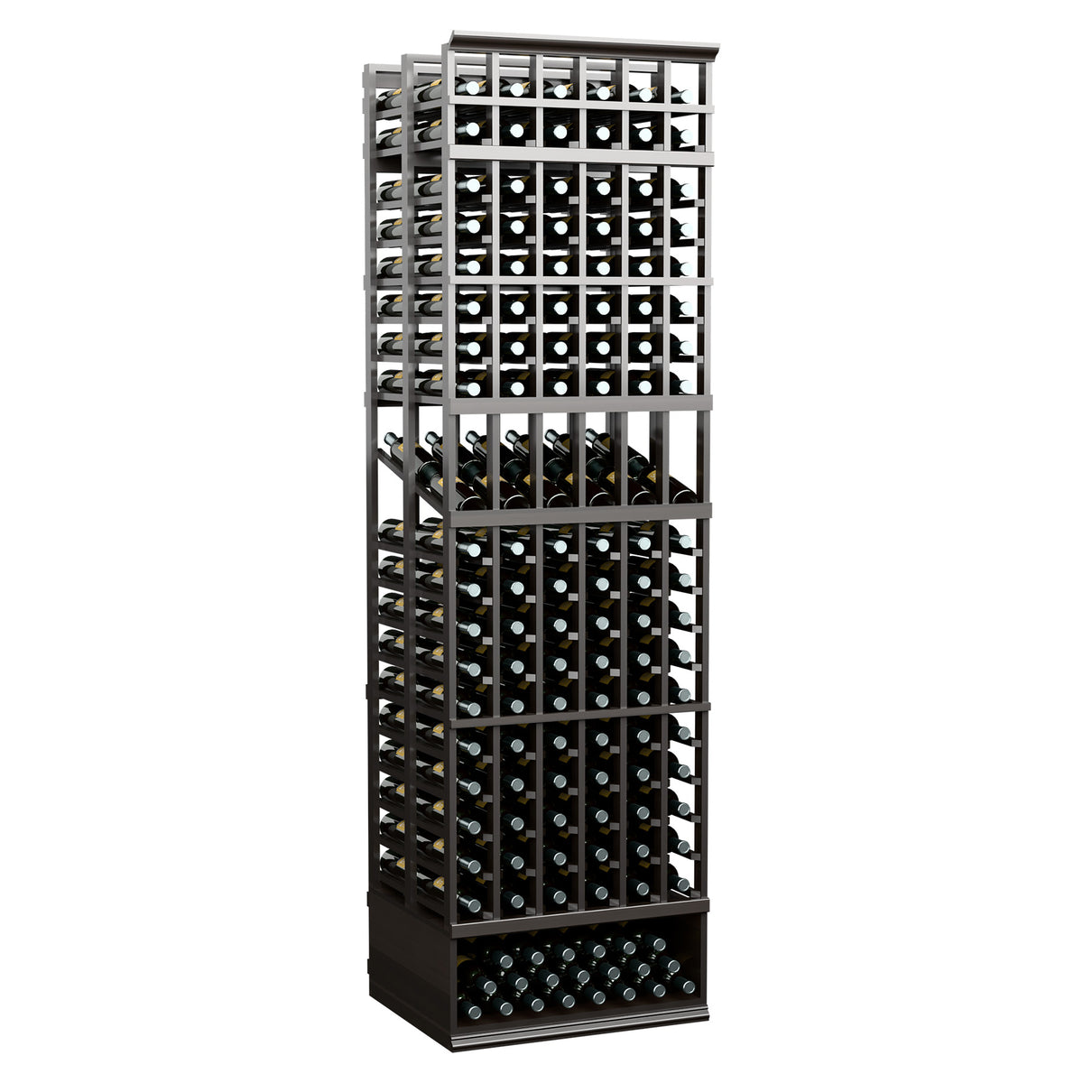6 column double-deep wine bottle display rack with black metal frame and dark wood base