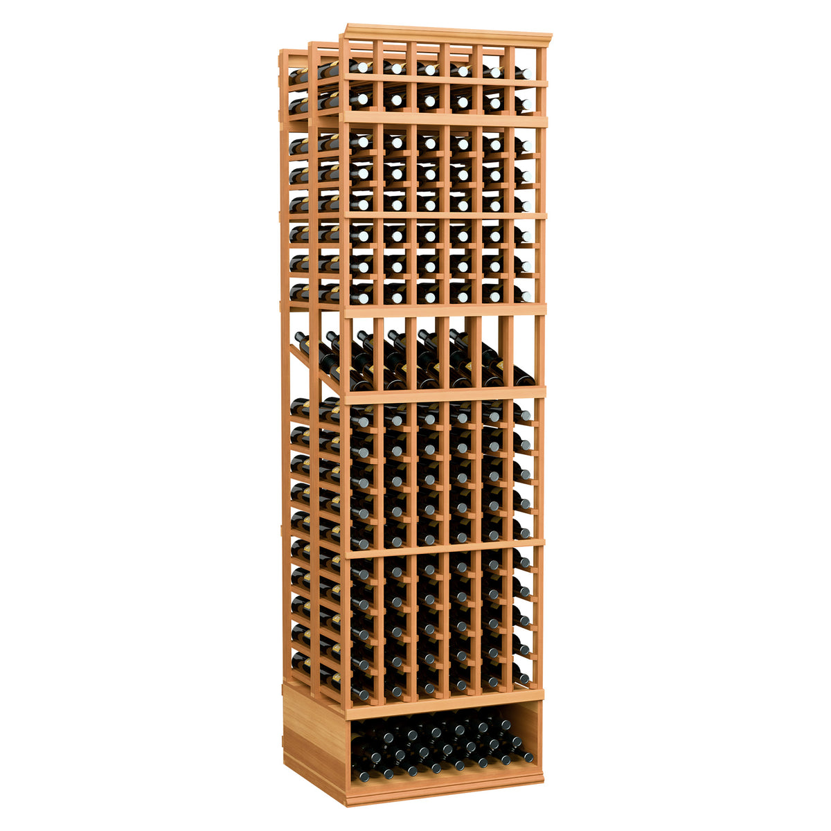 Wood wine bottle display rack with 6 columns and double-deep storage, warm brown frame