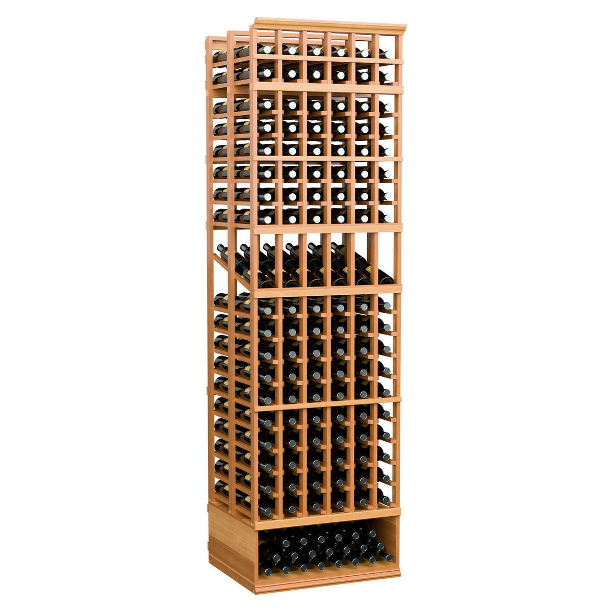 Wood wine bottle display rack with 6 columns, double-deep rows, warm brown frame
