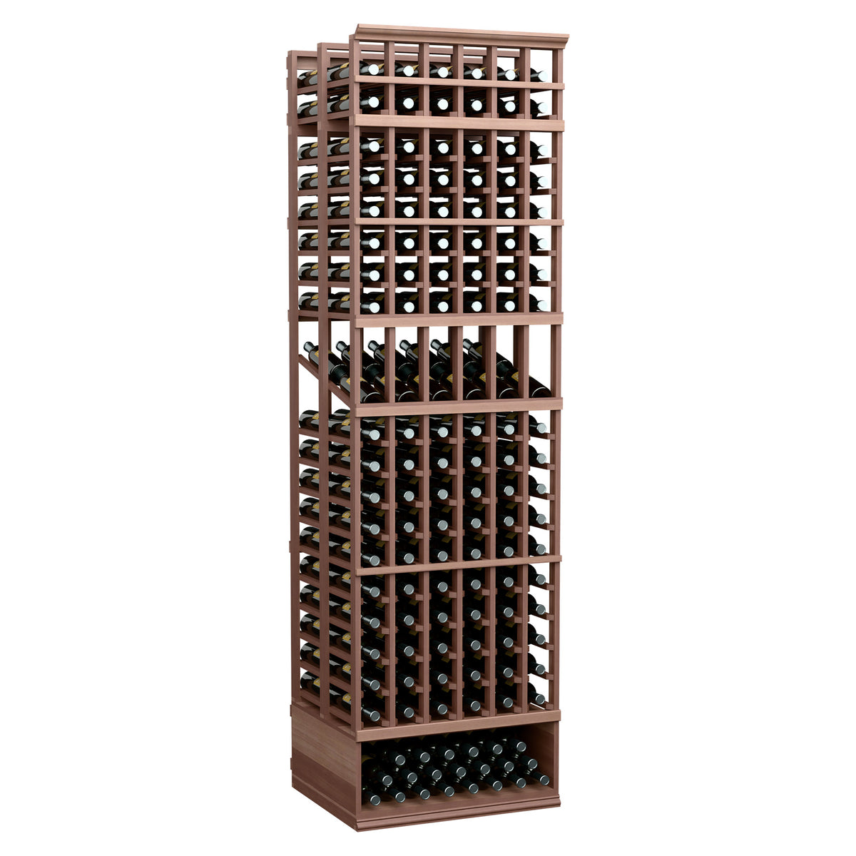 Wood wine bottle display rack with 6 columns and double-deep bottle slots, dark brown