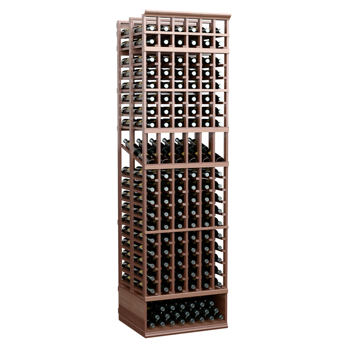 Wood wine bottle display rack with 6 columns and double-deep storage, dark brown frame