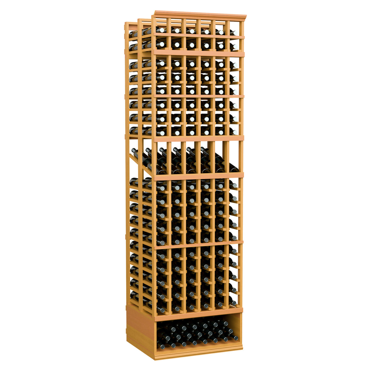 Wood wine bottle display rack with 6 columns, double-deep rows, light honey frame