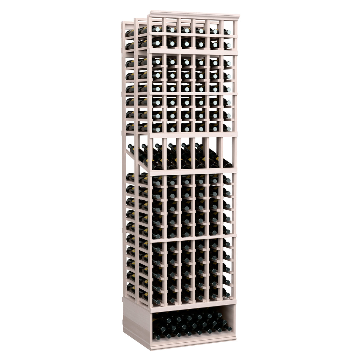 Wood wine bottle display rack with 6 columns, double-deep rows, white frame