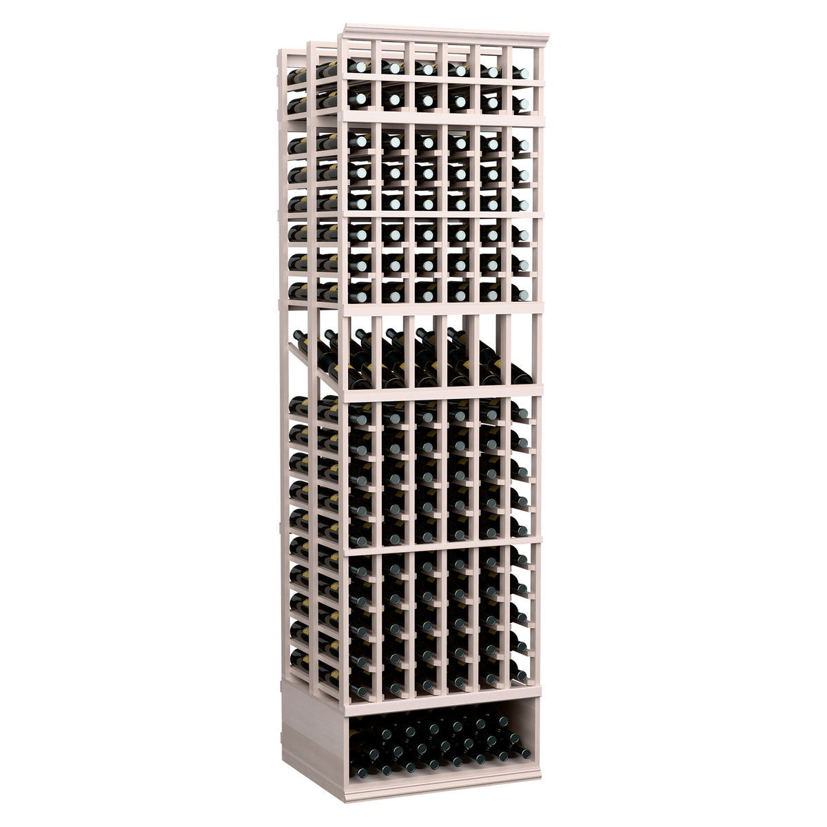 Wood wine bottle display rack with 6 columns and double-deep bottle slots, white frame
