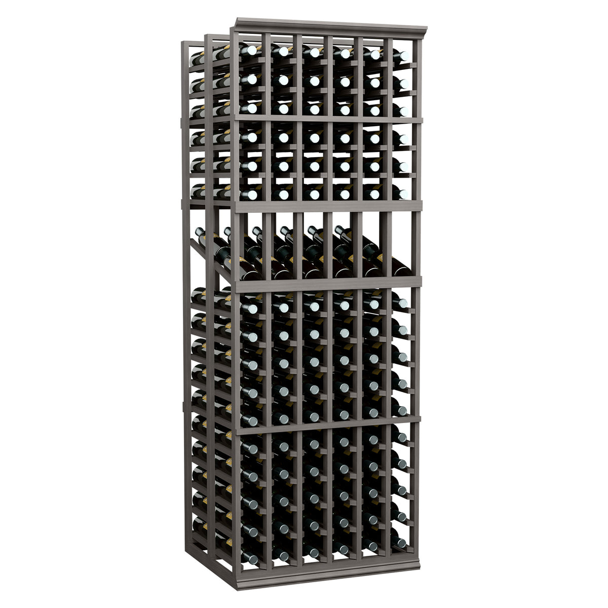 Wine bottle display rack, dark gray frame with six columns of bottle slots