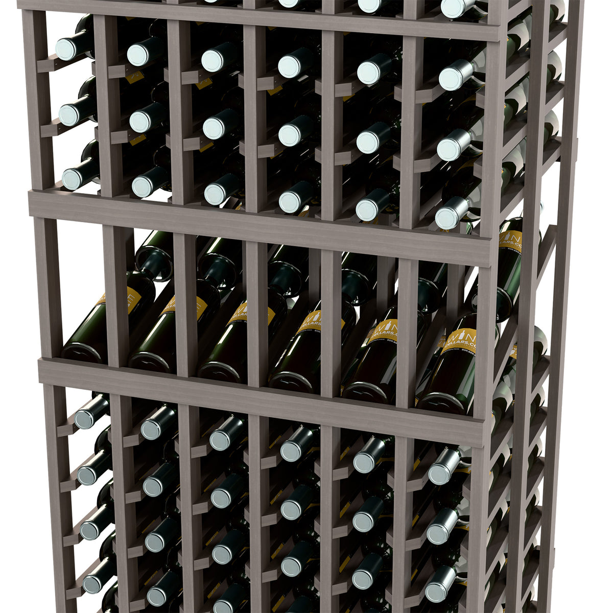 Wine bottle display rack, dark gray frame with bottle rows in multiple levels