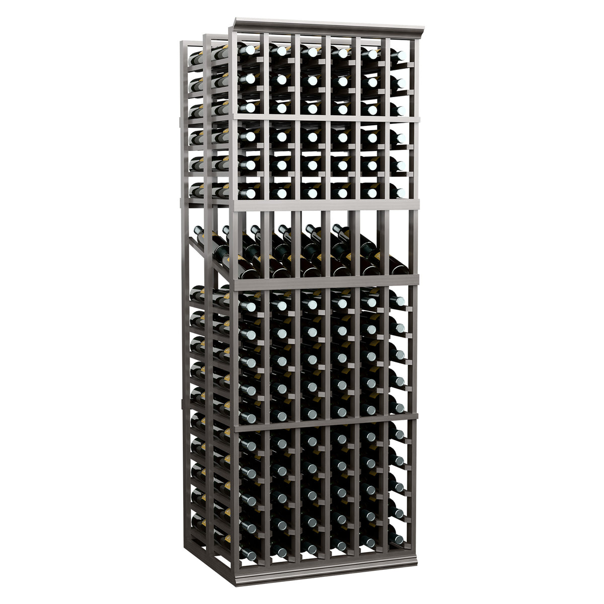 Wine bottle display rack, dark gray frame holding bottles in a grid of slots