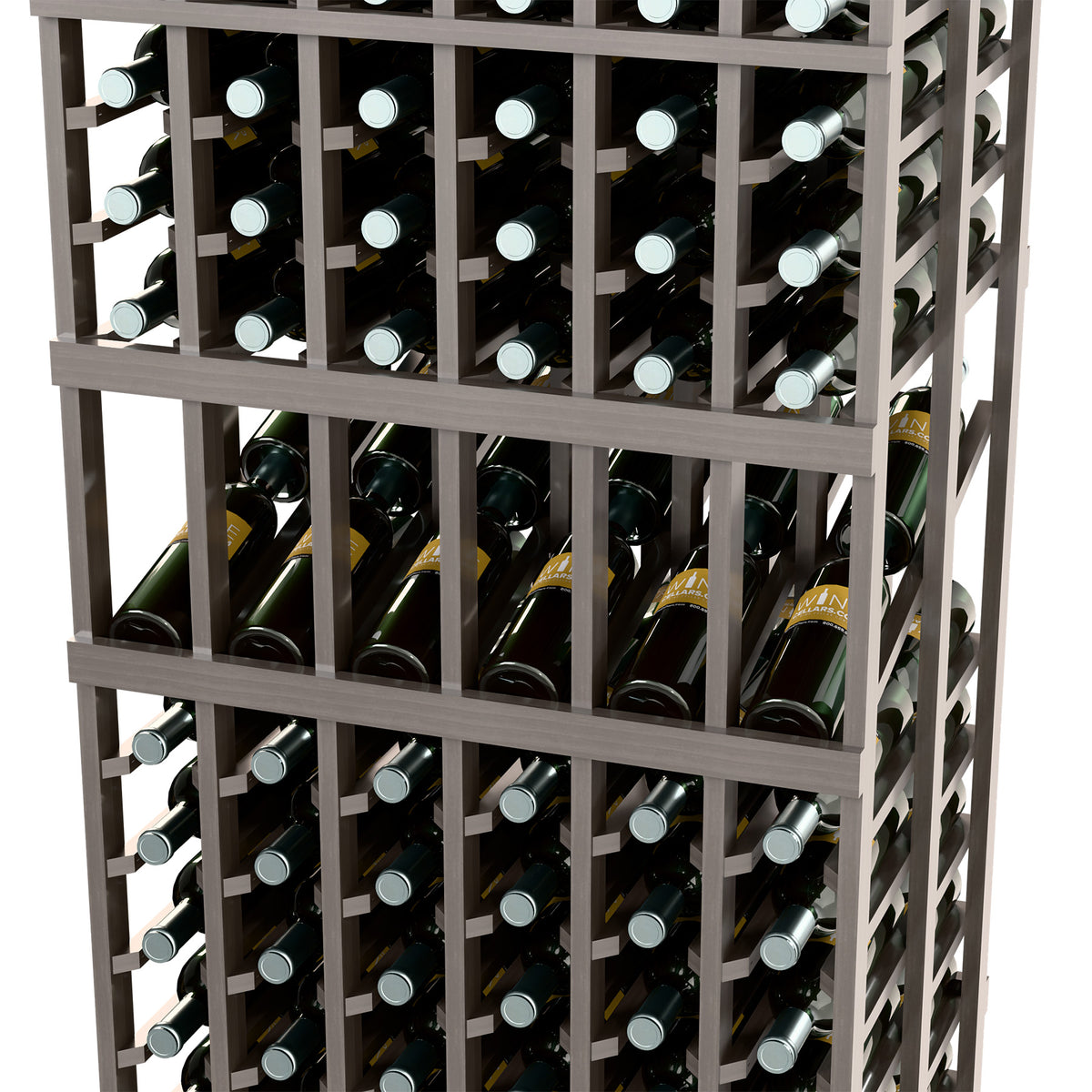 Wine bottle display rack close-up, dark gray frame with stacked bottle slots