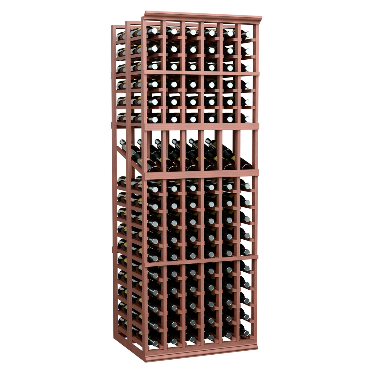 Wine bottle display rack, warm brown frame with six-column bottle grid