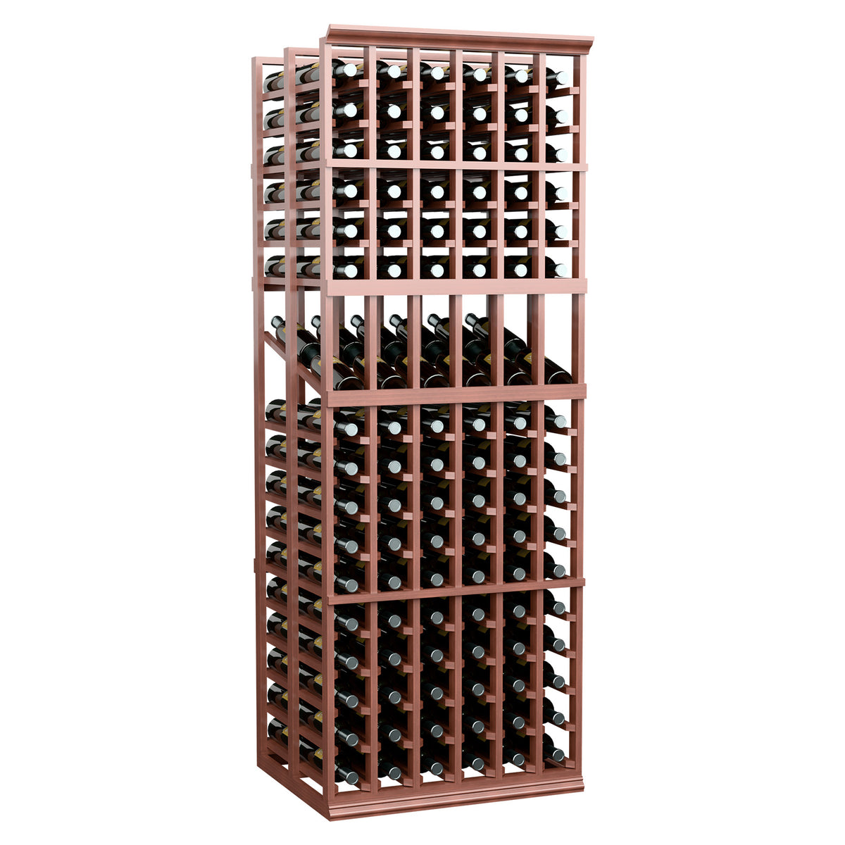 Wine bottle display rack, warm brown frame showing bottle rows in six columns
