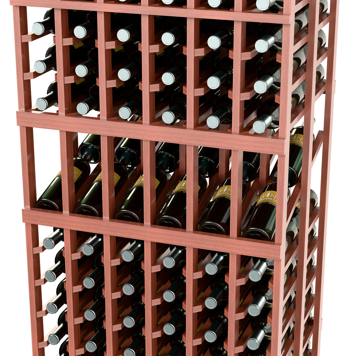 Wine bottle display rack close-up, reddish-brown frame with bottle rows and dividers