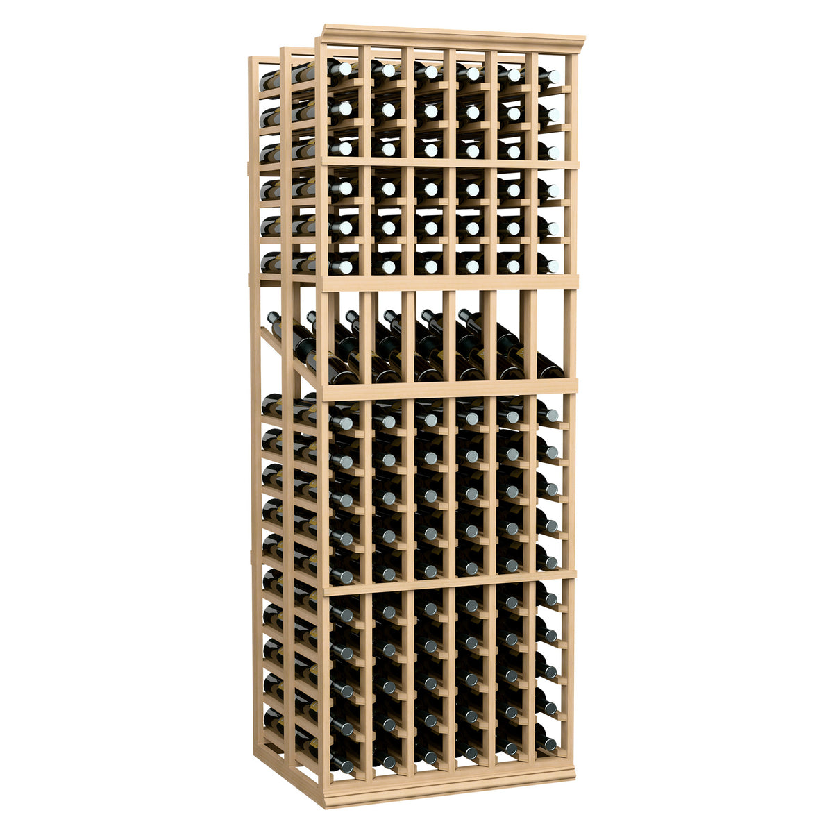 Wine bottle display rack, light tan frame with six columns of bottle storage