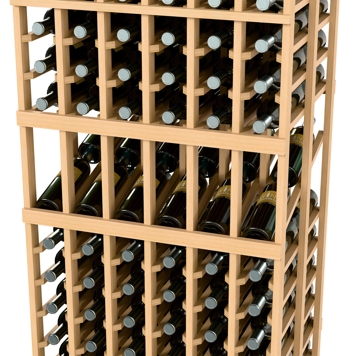 Wine bottle display rack close-up, light tan frame with stacked bottle slots