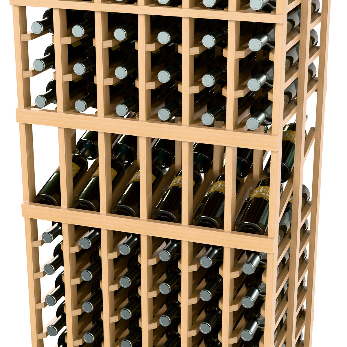 Wood wine display rack close-up with double-deep bottle rows in 6 columns